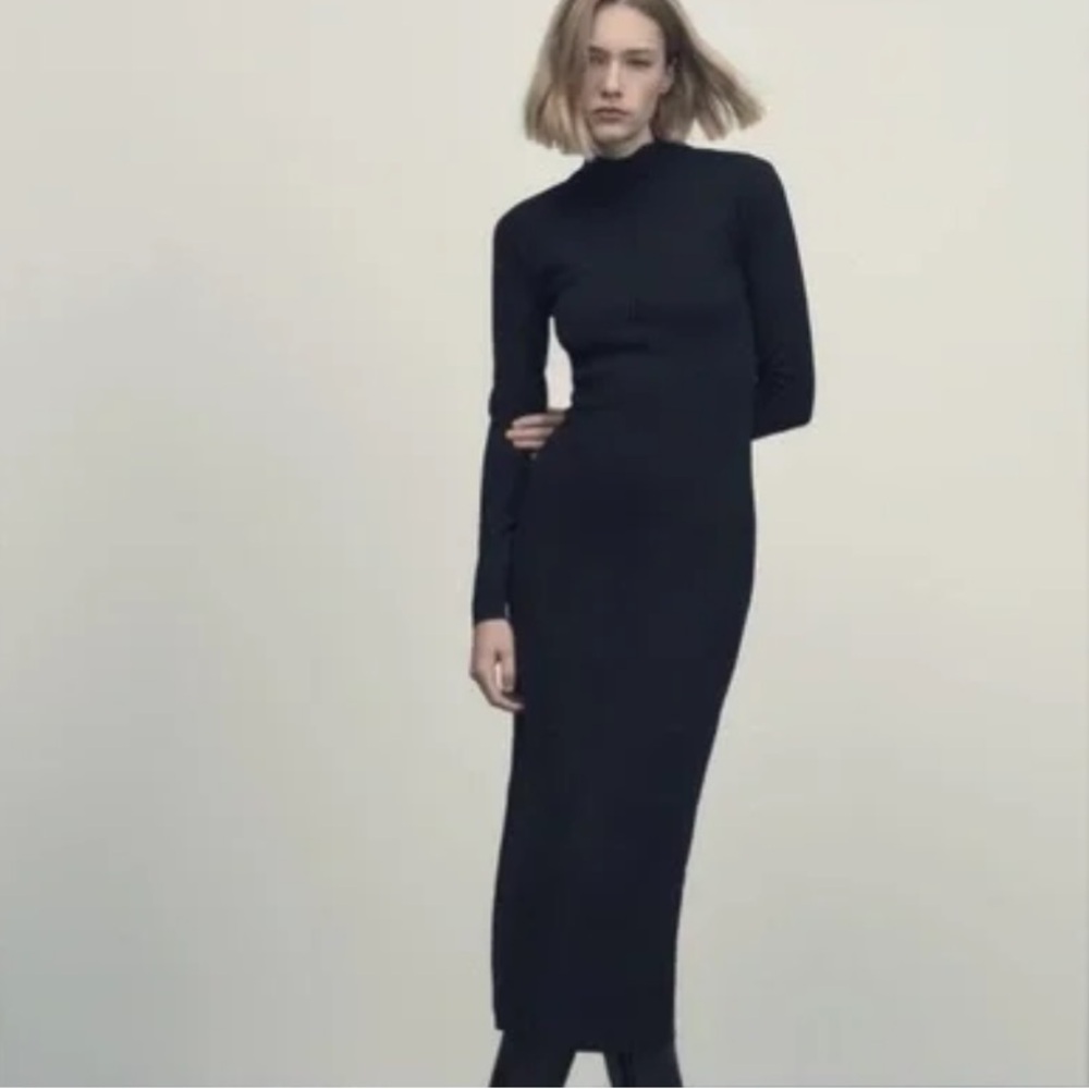 NEW Zara black dress ruched Long sleeve high neck long ankle length size small